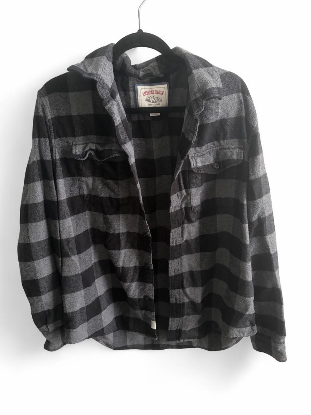 American Eagle Outfitters Black and Gray Plaid Button-Down Shirt